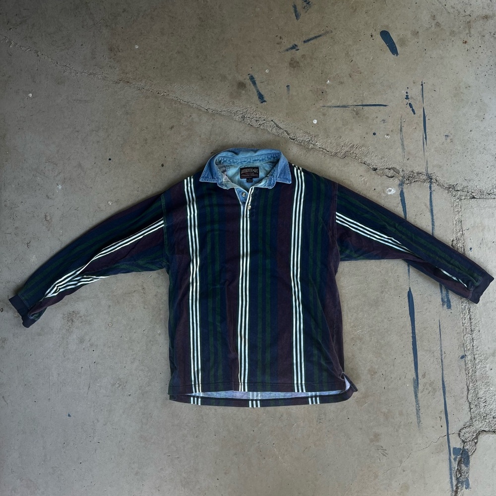 Striped Men's Shirt with Denim Collar